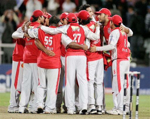 Kings XI Punjab team members reacts as they win their match against the Rajasthan Royals at the Indian Premier League Twenty20 match in Cape Town on April 26, 2009. (AP Photo) Match 15: MOH vs JAI