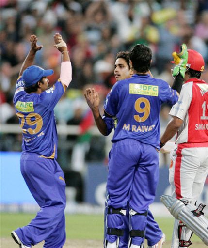 Rajasthan Royals team members react as they take the wicket of Irfan Pathan at the Indian Premier League Twenty20 match in Cape Town. (AP Photo) Match 15: MOH vs JAI