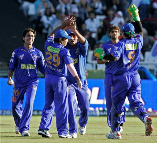 Rajasthan Royals team members react as they take the wicket of Kings XI Punjab Karan Goel at the Indian Premier League Twenty20 match in Cape Town. (AP Photo) Match 15: MOH vs JAI
