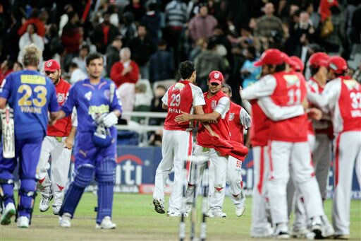 Kings XI Punjab team members reacts after winning the game against the Rajasthan Royals at the Indian Premier League Twenty20 match in Cape Town. (AP Photo) Match 15: MOH vs JAI