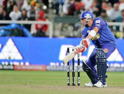 Shane Warne plays a shot during the game against Kings XI Punjab at the Indian Premier League Twenty20 match in Cape Town. (AP Photo) Match 15: MOH vs JAI