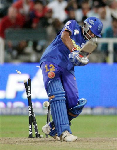 Ravindra Jadeja as he loses his wicket during the game against the Kings XI Punjab at the Indian Premier League Twenty20 match in Cape Town. (AP Photo) Match 15: MOH vs JAI
