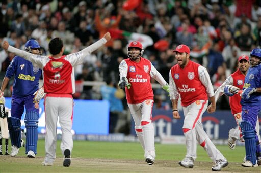 Piyush Chawla reacts with teammates as they take the wicket of Yusuf Pathan at the Indian Premier League Twenty20 match in Cape Town. (AP Photo) Match 15: MOH vs JAI