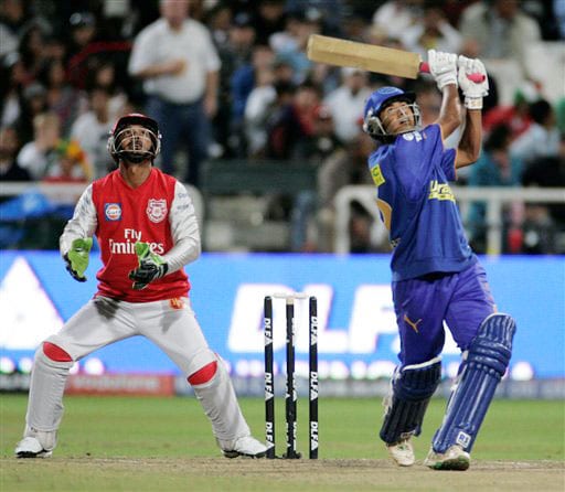 Abhishek Raut plays a shot during the game against the Kings XI Punjab at the Indian Premier League Twenty20 match in Cape Town. (AP Photo) Match 15: MOH vs JAI