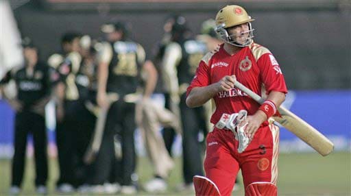 Royal Challengers Bangalore's Jacques Kallis reacts after his dismissal against Kolkata Knight Riders during their IPL match in Durban on Wednesday. (AP Photo) Match 19: BLR vs KOL