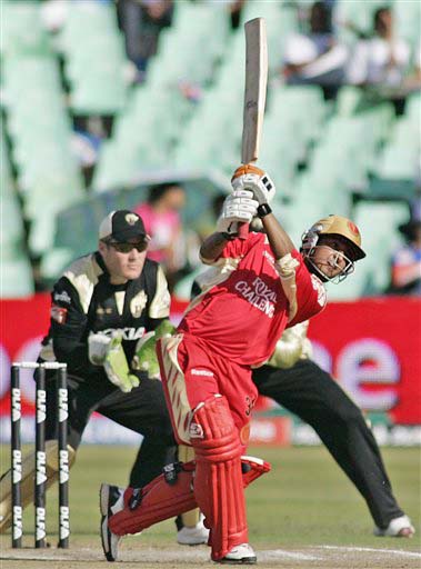 Royal Challengers Bangalore's Shreevats Goswami plays a shot against Kolkata Knight Riders during their IPL match in Durban on Wednesday. (AP Photo) Match 19: BLR vs KOL