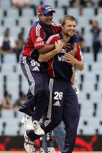 Delhi Daredevils bowler Dirk Nannes celebrates with Amit Mishra after dismissing Deccan Chargers batsman Adam Gilchrist for 8 runs during the IPL match at the Super Sport Park on Thursday. (AP Photo) Match 21: DEL vs HYD