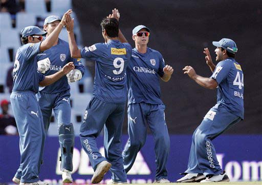 Deccan Chargers players celebrates the dismissal of Delhi Daredevils captain Virender Sehwag for 20 runs during the IPL match at the Super Sport Park on Thursday. (AP Photo) Match 21: DEL vs HYD