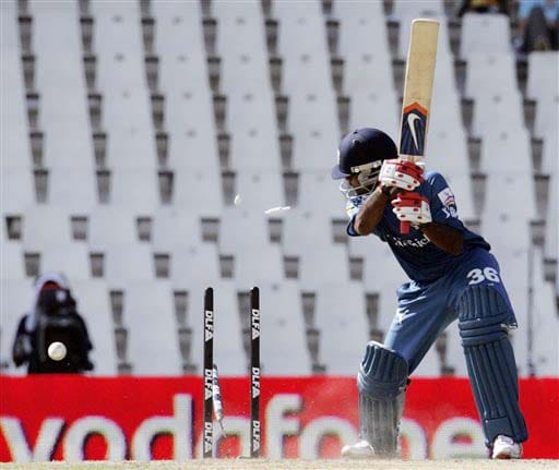 Deccan Chargers batsman Venugopal Rao is bowled by Delhi Daredevils bowler Ashish Nehra for 16 runs during the IPL match at the Super Sport Park on Thursday. (AP Photo) Match 21: DEL vs HYD