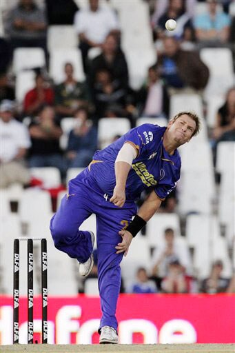 Rajasthan Royals captain Shane Warne bowls during the IPL match against the Chennai Super Kings in Pretoria. (AP Photo) Match 22: CSK vs JAI