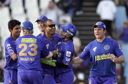 Yusuf Pathan, center, celebrates with teammates after dismissing Matthew Hayden, unseen, for 1 run during the IPL match in Pretoria. (AP Photo) Match 22: CSK vs JAI