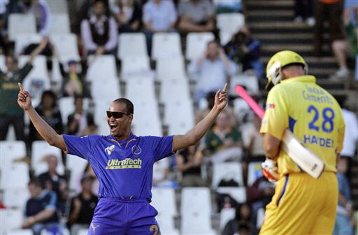 Yusuf Pathan celebrates after dismissing Matthew Hayden during their IPL match in Pretoria. (AP Photo) Match 22: CSK vs JAI