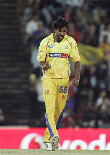 Lakshmipathy Balaji reacts after dismissing Yusuf Pathan for 20 runs during the IPL match in Pretoria. (AP Photo) Match 22: CSK vs JAI