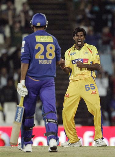 Lakshmipathy Balaji reacts after dismissing Yusuf Pathan during the IPL match in Pretoria. (AP Photo) Match 22: CSK vs JAI