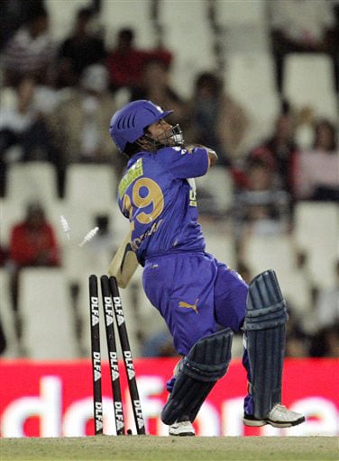 Swapnil Asnodkar is dismissed after his bat hits his own wicket during the IPL match in Pretoria. (AP Photo) Match 22: CSK vs JAI