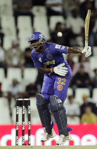 Dimitri Mascarenhas takes evasive action against a bouncer during the IPL match against the Chennai Super Kings in Pretoria. (AP Photo) Match 22: CSK vs JAI