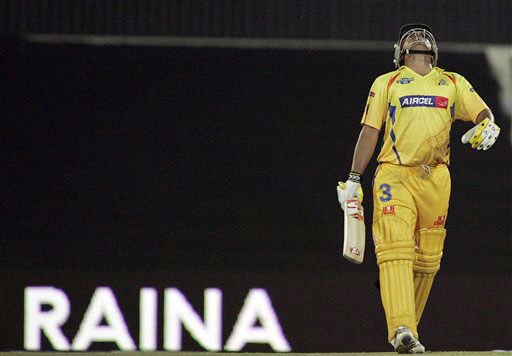 Chennai Super Kings batsman Suresh Raina plays looks up as he celebrates his century during the IPL match against the Rajasthan Royals in Pretoria. (AP Photo) Match 22: CSK vs JAI