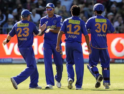 Rajasthan Royals' Yusuf Pathan celebrates with teammates after taking a catch to dismiss Deccan Chargers' Adam Gilchrist during their IPL match at The St.Georges Park in Port Elizabeth on Saturday. (AFP Photo) Match 25: JAI vs HYD