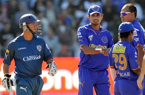 Rajasthan Royals' Yusuf Pathan celebrates with teammates after taking the wicket of Deccan Chargers' Herschelle Gibbs during their IPL match at The St. Georges Park in Port Elizabeth on Saturday. (AFP Photo) Match 25: JAI vs HYD