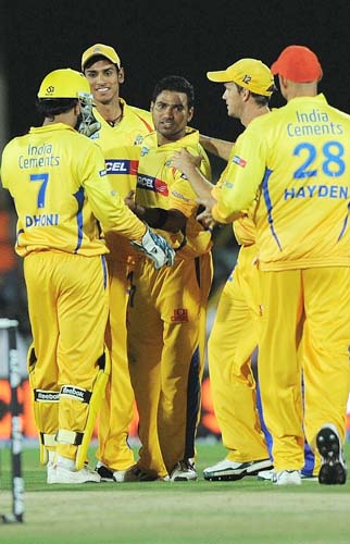 Chennai Super Kings cricketers celebrate the dismissal of Deccan Chargers' Venugopal Rao during the IPL match against Deccan Chargers at the Buffalo Park on Monday. Chennai Super Kings beat Deccan Chargers by 78 runs. (AFP Photo) Match 29: CSK vs HYD