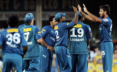 Deccan Chargers' Shoaib Ahmed celebrates with teammates after taking the wicket of Chennai Super Kings' Matthew Hayden during the IPL match against Deccan Chargers at the Buffalo Park on Monday. (AFP Photo) Match 29: CSK vs HYD