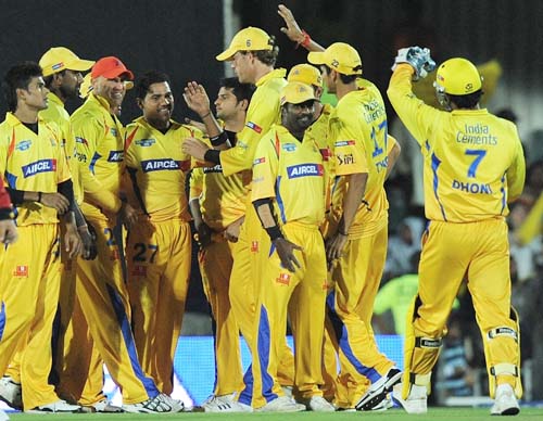 Chennai Super Kings' Shadab Jakati celebrates with teammates after taking a wicket during the IPL match against Deccan Chargers at the Buffalo Park on Monday. Chennai Super Kings beat Deccan Chargers by 78 runs. (AFP Photo) Match 29: CSK vs HYD