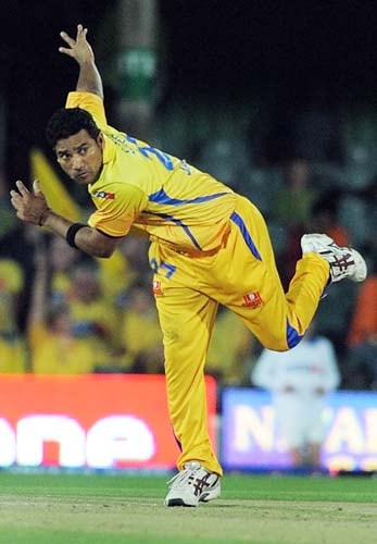 Chennai Super Kings' Shadab Jakati bowls during the IPL match against Deccan Chargers at the Buffalo Park on Monday. (AFP Photo) Match 29: CSK vs HYD