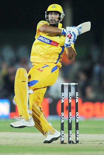 Chennai Super Kings' Mahendra Singh Dhoni plays a shot during the IPL match against Deccan Chargers at the Buffalo Park on Monday. (AFP Photo) Match 29: CSK vs HYD