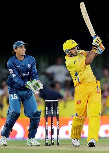 Chennai Super Kings' Murali Vijay plays a shot during their IPL match against Deccan Chargers at the Buffalo Park on Monday. (AFP Photo) Match 29: CSK vs HYD
