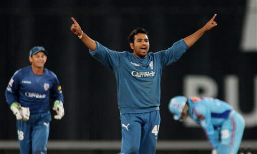 Rohit Sharma, center, and Adam Gilchrist, celebrate the dismissal of Abhishek Nayar during their IPL match in Pretoria. (AP Photo) Match 32: MUM vs HYD