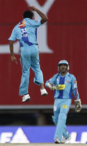 Rohan Raje, left, and wicket keeper Pinal Shah celebrate the dismissal of Adam Gilchrist during their IPL match in Pretoria. (AP Photo) Match 32: MUM vs HYD