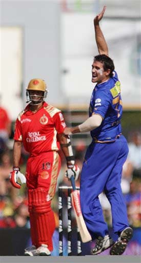 Rajasthan Royals' Lee Carseldine celebrates the dismissal of Royal Challengers Bangalore's Rahul Dravid during their IPL match in Centurion on Thursday. (AP Photo) Match 33: JAI vs RCB
