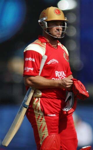 Royal Challengers Bangalore's Mark Boucher walks back towards the dressing room after Rajasthan Royals' Ravindra Jadeja took his wicket during their IPL match in Centurion on Thursday. (AP Photo) Match 33: JAI vs RCB