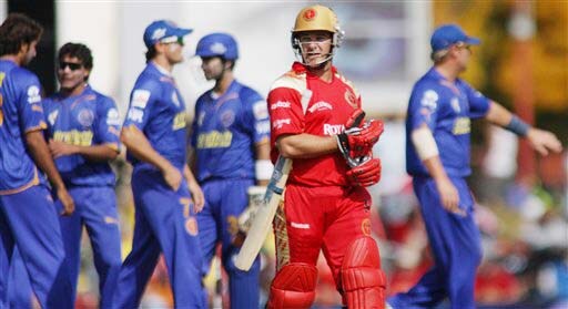 Royal Challengers Bangalore's Mark Boucher walks back towards the dressing room after Rajasthan Royals' Ravindra Jadeja took his wicket during their IPL match in Centurion on Thursday. (AP Photo) Match 33: JAI vs RCB