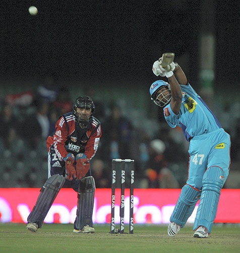 Dwayne Bravo plays a shot during the IPL T20 match against Delhi Daredavils at East London in South Africa. (PTI Photo) Match 35: DEL vs MUM