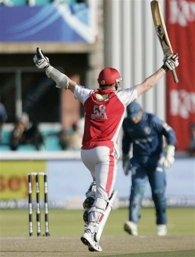 Kings XI Punjab's Brett Lee celebrates after scoring the winning run against Deccan Chargers during their IPL match in Kimberley on Saturday. (AP Photo) Match 36: HYD vs MOH