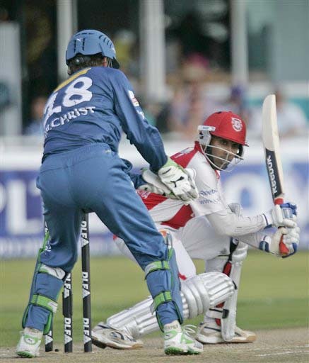 Kings XI Punjab's Mahela Jayawardene plays a shot against Deccan Chargers during their IPL match in Kimberley on Saturday. (AP Photo) Match 36: HYD vs MOH