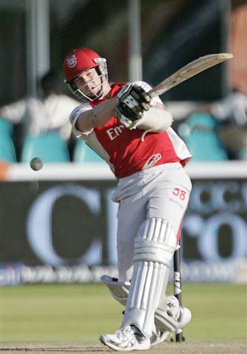 Kings XI Punjab's Brett Lee plays a shot against Deccan Chargers during their IPL match in Kimberley on Saturday. (AP Photo) Match 36: HYD vs MOH