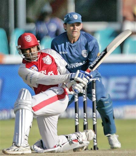 Kings XI Punjab's Mahela Jayawardene plays a shot against Deccan Chargers during their IPL match in Kimberley on Saturday. (AP Photo) Match 36: HYD vs MOH
