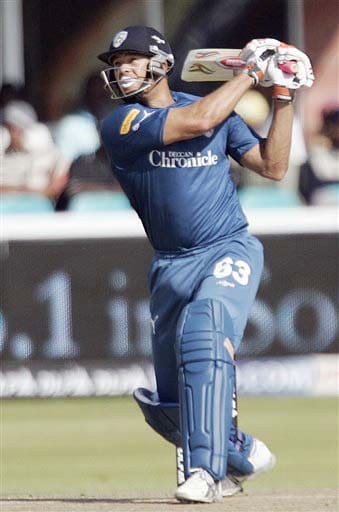 Deccan Chargers' Andrew Symonds plays a shot against Kings XI Punjab during their IPL match in Kimberley on Saturday. (AP Photo) Match 36: HYD vs MOH