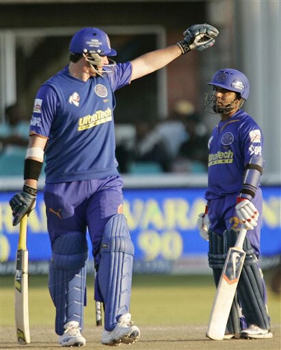 Graeme Smith and Swapnil Asnodkar share a moment while batting against Chennai Super Kings during their IPL match in Kimberley. (AP Photo) Match 37: CSK vs JAI