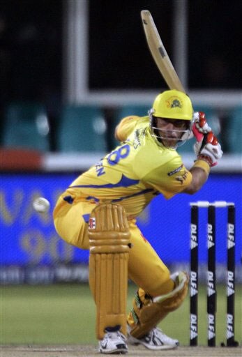 Matthew Hayden plays a shot against Rajasthan Royals, during their IPL match in Kimberley. (AP Photo) Match 37: CSK vs JAI