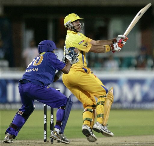 Matthew Hayden plays a shot against Rajasthan Royals during their IPL match in Kimberley. (AP Photo) Match 37: CSK vs JAI