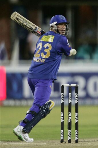 Shane Warne plays a shot against Chennai Super Kings during their IPL match in Kimberley. (AP Photo) Match 37: CSK vs JAI