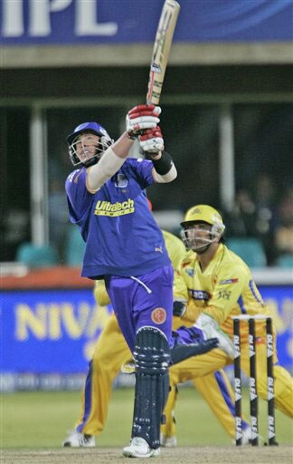 Shane Warne plays a shot as wicketkeeper Mahendra Singh Dhoni looks on during their IPL match in Kimberley. (AP Photo) Match 37: CSK vs JAI