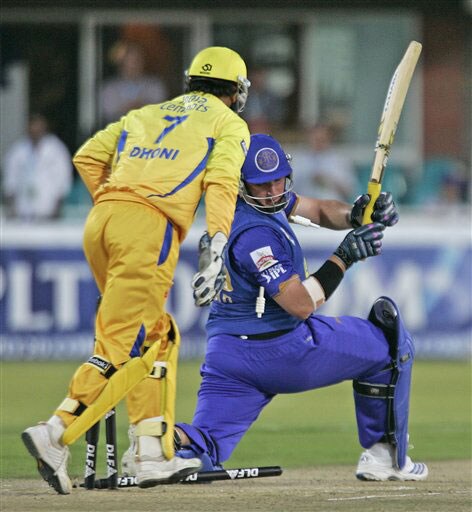 Mahendra Singh Dhoni knocks off the bails for the dismissal of Graeme Smith during their IPL match in Kimberley. (AP Photo) Match 37: CSK vs JAI