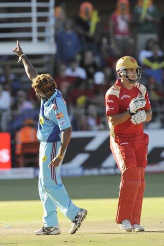 Mumbai Indians' Lasith Malinga celebrates the dismissal of Royal Challengers Bangalore's Ross Taylor during their IPL match in Port Elizabeth on Sunday. (AFP Photo) Match 38: MUM vs RCB