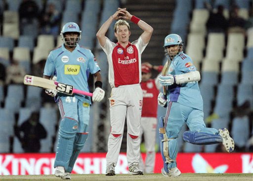 Brett Lee reacts as runs are made by Sachin Tendulkar and Dwayne Bravo during the IPL match at the Super Sport Park in Pretoria. (AP Photo) Match 42: MUM vs MOH
