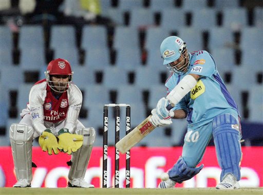Sachin Tendulkar plays a shot as Punjab wicketkeeper Kumar Sangakkara looks on during the IPL match at the Super Sport Park in Pretoria. (AP Photo) Match 42: MUM vs MOH