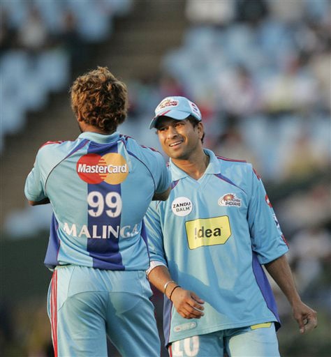 Sachin Tendulkar has a word with teammate Lasith Malinga during the IPL match at the Super Sport Park in Pretoria. (AP Photo) Match 42: MUM vs MOH